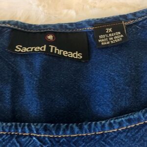 Sacred Threads Dark Blue Lightweight Denim Short Sleeve Top Blouse Shirt - NEW